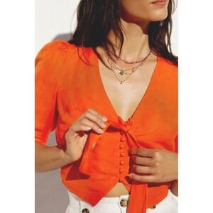 Maeve Anthropologie Orange Linen Blend Tie Front Puff Sleeve Crop Top Size 8 NEW